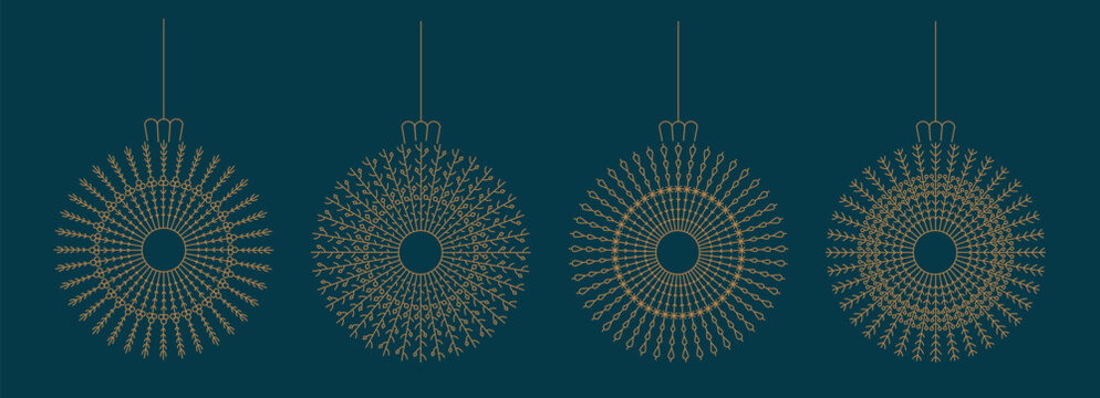 Thin line Christmas tree wreath shape balls. Winter holiday decoration for tree, home decor bauble set. Boho style cute toys, vector frames
