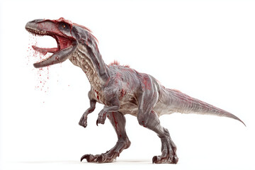 Realistic depiction of a ferocious dinosaur with visible wounds standing in a fierce pose on a white background