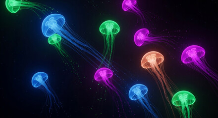 A mesmerizing display of vibrant, bioluminescent jellyfish gracefully drifting through the dark ocean depths, showcasing a stunning array of colors and ethereal beauty.