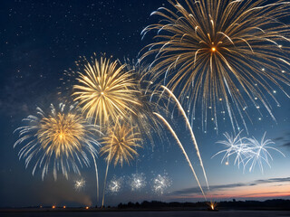 Spectacular Fireworks Display at Night with Golden and White Explosions against a Dark Blue Sky