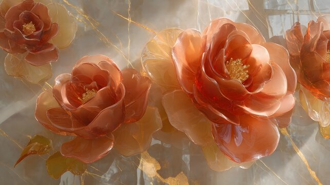 Soft focus close up of delicate peach and orange ranunculus flowers with ethereal glowing light creating a dreamy romantic floral background