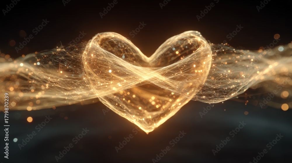 Poster golden heart shape created with glowing particles and flowing light trails
