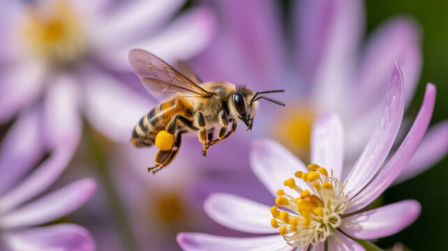 A honeybee in flight, collecting pollen from a purple aster flower, capturing the essence of pollination and the beauty of natures harmony - Powered by Adobe