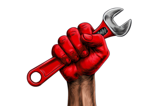 Hand gripping red wrench symbolizes strength