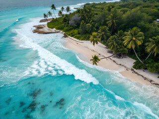 Tropical beach with turquoise water palm trees and white sand aerial view