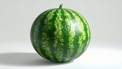 A whole watermelon styled as vegetable large green rind realistic striped detail white background with natural highlights
