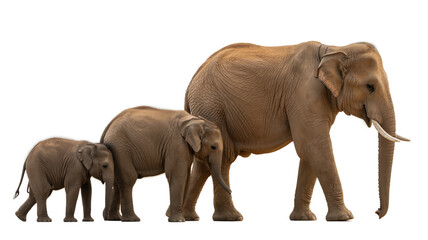 An elephant family, including a mother and two calves, walks in a line, isolated on white background, showcasing their bond and size