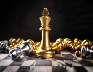 golden chess king stands victorious amidst fallen pieces
