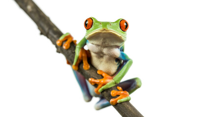 Fototapeta premium Red eyed tree frog on branch isolated on white background, a vibrant amphibian perched gracefully, showcasing its striking colors and unique features