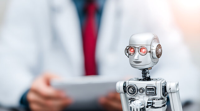 A small robot with red glowing eyes stands in front of a person in a lab coat holding a tablet.