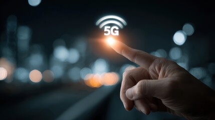 Finger Touching 5G Symbol on Blurred City Night Background technology mobile