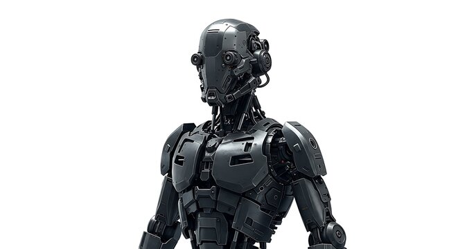 A sleek, dark metallic humanoid robot stands against a stark white background, showcasing intricate mechanical details and a futuristic design.