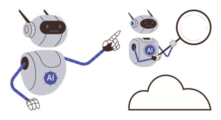AI robots interacting with cloud data one pointing forward, another analyzing with a magnifying glass. Ideal for technology, machine learning, data analysis, automation, cloud computing, research
