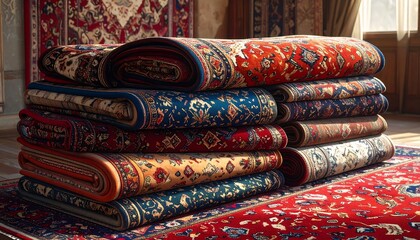 Stacked carpets in a room