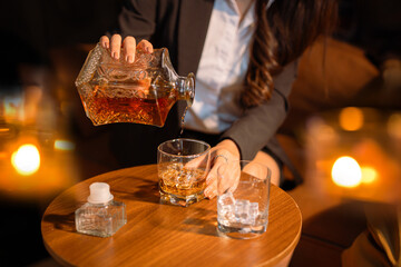 Bartender Serve Whiskey, on wood bar, 