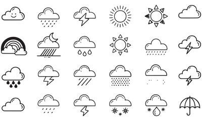 
Minimalistische Wetter Icons – Sonne, Regen, Wolken, Schnee & Blitz Symbole