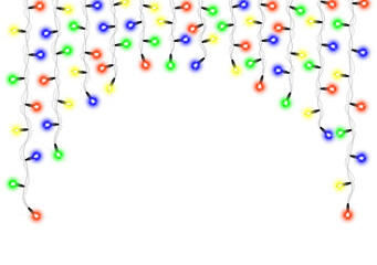 Vibrant multicolored icicle string lights garland illustration on a transparent background, featuring glowing bulbs.