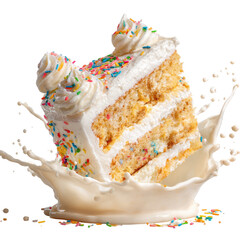 Flying Birthday Cake in a Milky Splash on transparent background