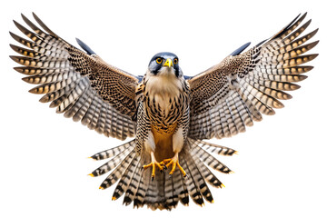 Falcon with wings spread wide in flight isolated on a transparent background bird