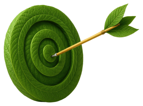 Green leaf target with arrow hitting the bullseye on a white background leaves isolated on a transparent background