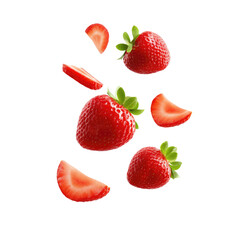 Flying in Air Strawberries and Slices of Strawberry on transparent background