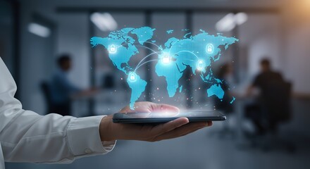 Global Digital Security: Hand Holding Smartphone Displaying World Map with Padlocks