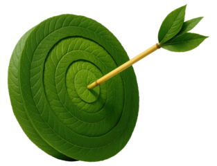 Green leaf target with arrow hitting the bullseye on a white background leaves isolated on a transparent background