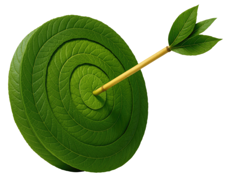 Green leaf target with arrow hitting the bullseye on a white background leaves isolated on a transparent background