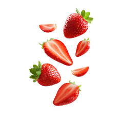 Flying in Air Strawberries and Slices of Strawberry on transparent background
