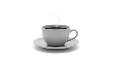 Fototapeta premium A steaming cup of dark coffee sits on a matching saucer, isolated on a pure white background.