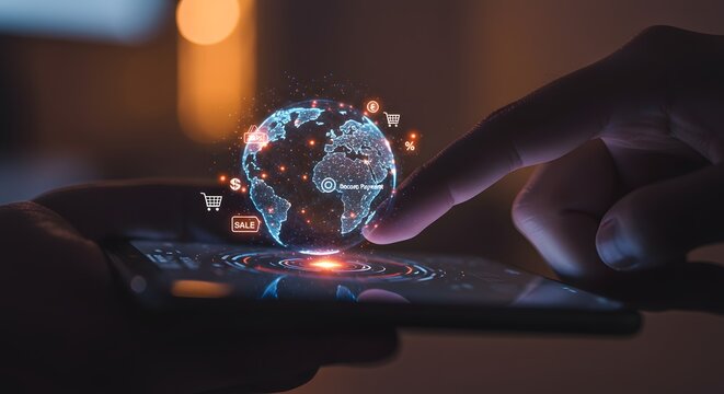 Global E-commerce and Secure Online Payment Concept with Digital Globe and Finger on Smartphone