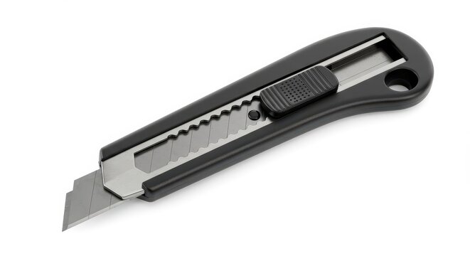 A black utility knife with a retractable blade is displayed on a pure white background. - Powered by Adobe