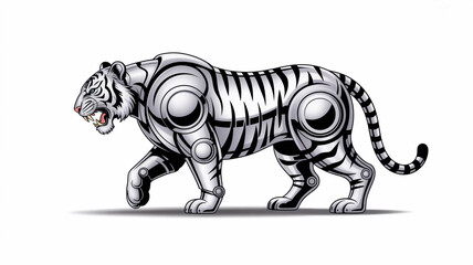Fototapeta premium A striking illustration of a robotic tiger with metallic stripes and joints, standing out against an isolated on white background