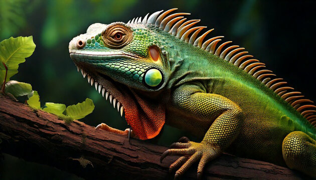 Close-up of a vibrant green iguana with striking orange spines, resting on a sturdy tree branch in its natural, lush tropical environment, showcasing intricate scales and reptilian beauty