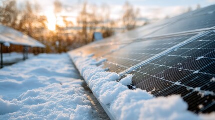 snowy solar panels winter sunset