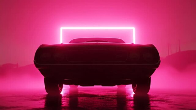 Pink Neon Glow Classic Car Silhouette - A classic muscle car's front end is silhouetted against a vibrant pink neon light, creating a dramatic and moody atmosphere.