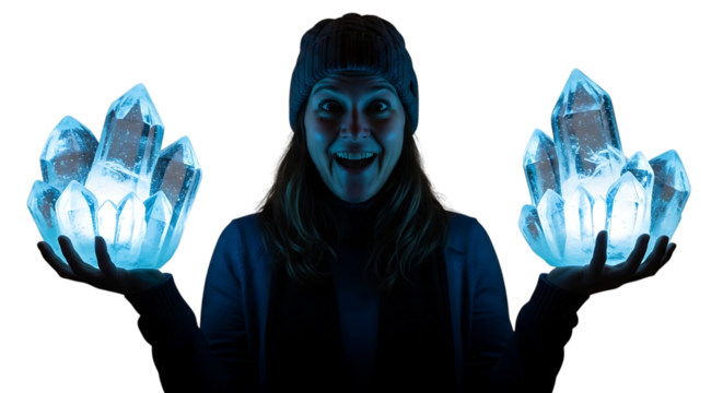 Woman in beanie holding glowing blue crystals in both hands with a surprised expression isolated transparent