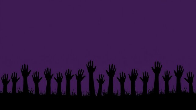 Halloween Silhouette of hands rising from the ground against a dark purple background in a spooky copy space