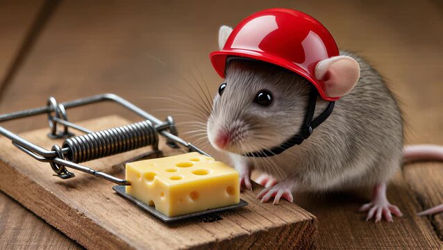 A cautious mouse in a tiny red helmet contemplates a piece of cheese on a classic wooden mousetrap, illustrating risk, safety, and strategy and cleverness