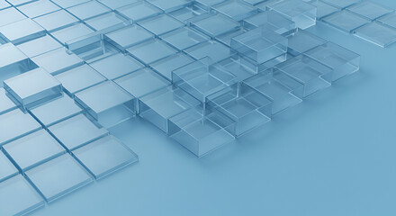 Fototapeta premium Abstract arrangement of translucent cubes on a light blue surface evokes innovation