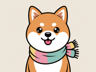 Cute Shiba Inu dog wearing colorful scarf, kawaii cartoon style illustration, adorable smiling puppy character, playful winter pet mascot for stickers, design, and digital art background