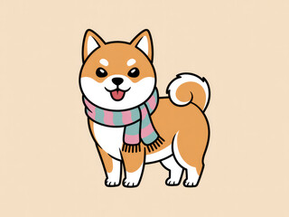 Cute Shiba Inu dog wearing colorful scarf, kawaii cartoon style illustration, adorable smiling puppy character, playful winter pet mascot for stickers, design, and digital art background