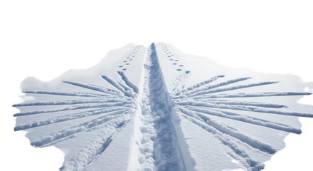 Footprints in the snow leading to a central path with radiating lines, isolated transparent