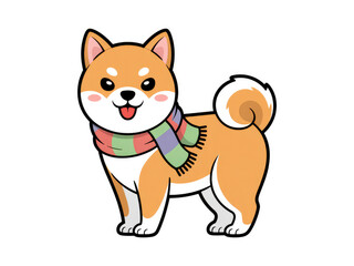 Cute Shiba Inu dog wearing colorful scarf, kawaii cartoon style illustration, adorable smiling puppy character, playful winter pet mascot for stickers, design, and digital art background