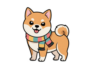 Cute Shiba Inu dog wearing colorful scarf, kawaii cartoon style illustration, adorable smiling puppy character, playful winter pet mascot for stickers, design, and digital art background