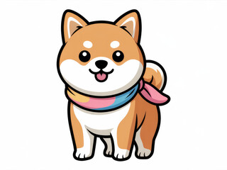 Cute Shiba Inu dog wearing colorful scarf, kawaii cartoon style illustration, adorable smiling puppy character, playful winter pet mascot for stickers, design, and digital art background