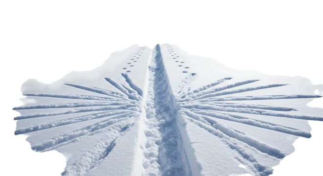 Footprints in the snow leading to a central path with radiating lines, isolated transparent