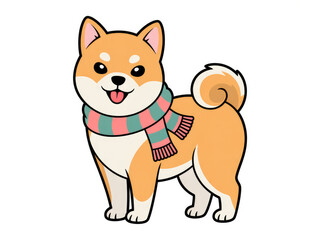 Cute Shiba Inu dog wearing colorful scarf, kawaii cartoon style illustration, adorable smiling puppy character, playful winter pet mascot for stickers, design, and digital art background