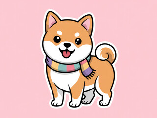 Cute Shiba Inu dog wearing colorful scarf, kawaii cartoon style illustration, adorable smiling puppy character, playful winter pet mascot for stickers, design, and digital art background