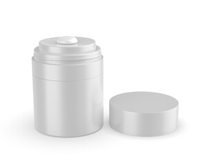 3D render illustration of a blank cosmetic airless pump jar packaging isolated on white background. Realistic clean mockup template for branding.